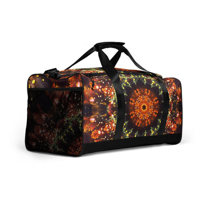 White duffle bag printed with the "Autumn Bloom" design, angled front view showing the padded handles.