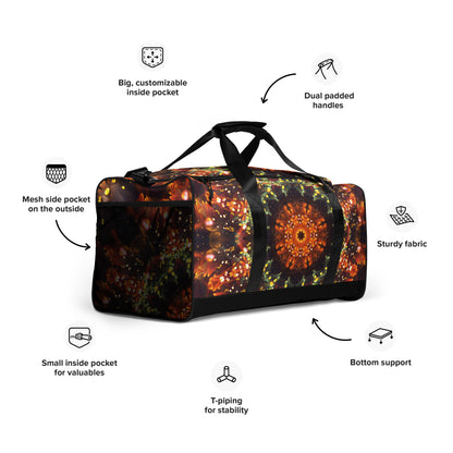 White duffle bag printed with the "Autumn Bloom" design, angled front view showing the padded handles.