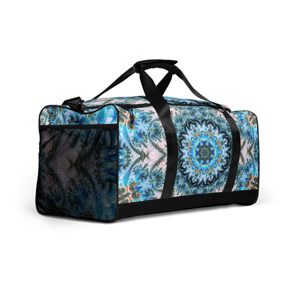 White duffle bag printed with the "Return to Purity" design, angled front view showing the padded handles.