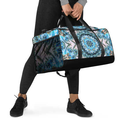 White duffle bag printed with the "Return to Purity" design, angled front view showing the padded handles.