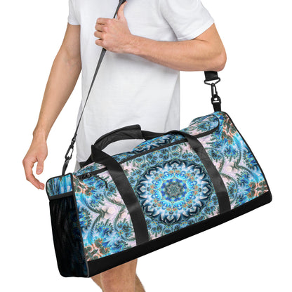White duffle bag printed with the "Return to Purity" design, angled front view showing the padded handles.