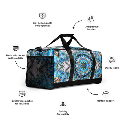 White duffle bag printed with the "Return to Purity" design, angled front view showing the padded handles.