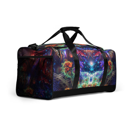 White duffle bag printed with the "Magnus Opum" design, angled front view showing the padded handles.