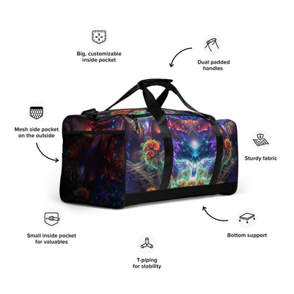 White duffle bag printed with the "Magnus Opum" design, angled front view showing the padded handles.