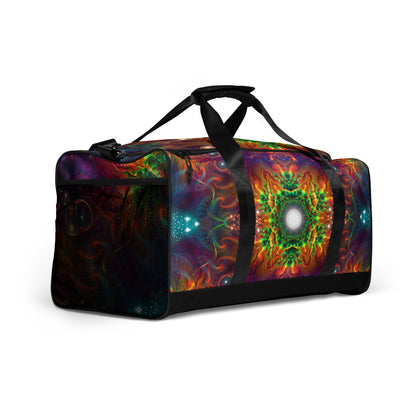 White duffle bag printed with the "Photonic" design, angled front view showing the padded handles.