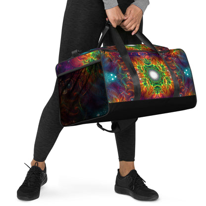 White duffle bag printed with the "Photonic" design, angled front view showing the padded handles.