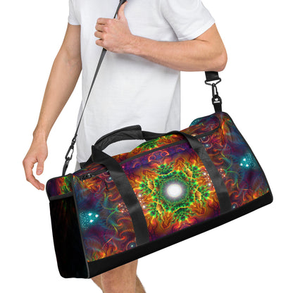 White duffle bag printed with the "Photonic" design, angled front view showing the padded handles.
