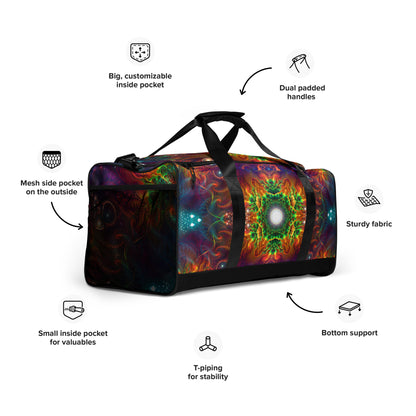 White duffle bag printed with the "Photonic" design, angled front view showing the padded handles.