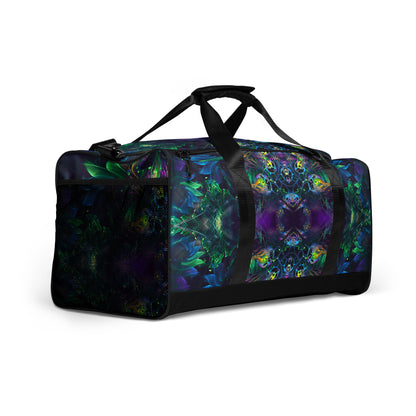 White duffle bag printed with the "Awakened" design, angled front view showing the padded handles.