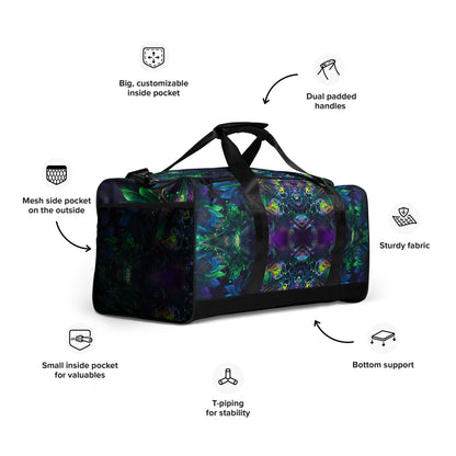 White duffle bag printed with the "Awakened" design, angled front view showing the padded handles.