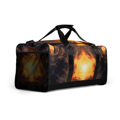 White duffle bag printed with the "Adieu" design, angled front view showing the padded handles.