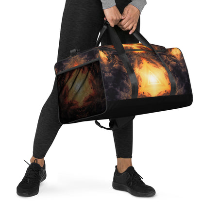 White duffle bag printed with the "Adieu" design, angled front view showing the padded handles.