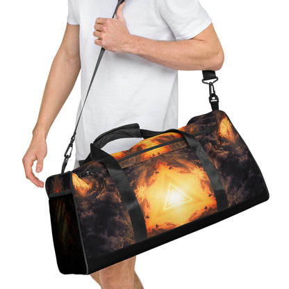 White duffle bag printed with the "Adieu" design, angled front view showing the padded handles.