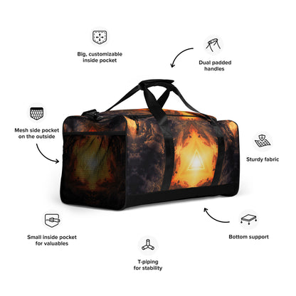 White duffle bag printed with the "Adieu" design, angled front view showing the padded handles.
