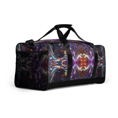 White duffle bag printed with the "Dragon Heart" design, angled front view showing the padded handles.