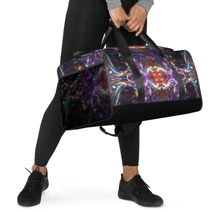 White duffle bag printed with the "Dragon Heart" design, angled front view showing the padded handles.