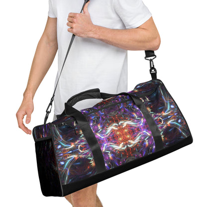 White duffle bag printed with the "Dragon Heart" design, angled front view showing the padded handles.