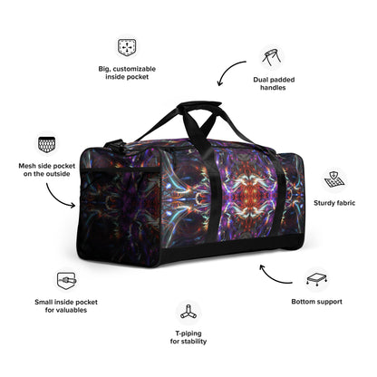 White duffle bag printed with the "Dragon Heart" design, angled front view showing the padded handles.