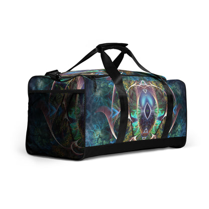 White duffle bag printed with the "Fluer de Vie" design, angled front view showing the padded handles.