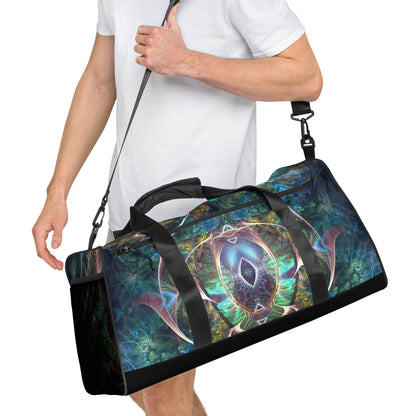 White duffle bag printed with the "Fluer de Vie" design, angled front view showing the padded handles.