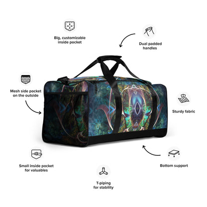 White duffle bag printed with the "Fluer de Vie" design, angled front view showing the padded handles.