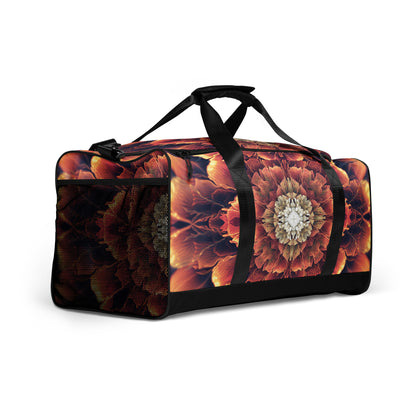 White duffle bag printed with the "Mandala Bloom" design, angled front view showing the padded handles.