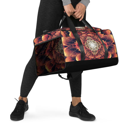 White duffle bag printed with the "Mandala Bloom" design, angled front view showing the padded handles.