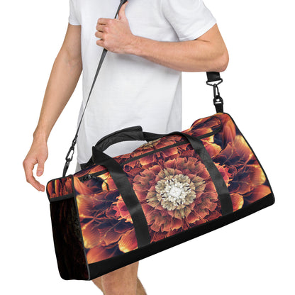 White duffle bag printed with the "Mandala Bloom" design, angled front view showing the padded handles.