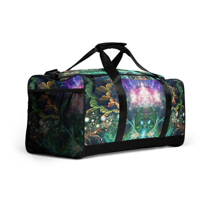 White duffle bag printed with the "Blossom / Nectar" design, angled front view showing the padded handles.