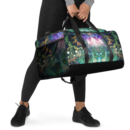 White duffle bag printed with the "Blossom / Nectar" design, angled front view showing the padded handles.