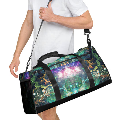 White duffle bag printed with the "Blossom / Nectar" design, angled front view showing the padded handles.