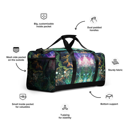 White duffle bag printed with the "Blossom / Nectar" design, angled front view showing the padded handles.