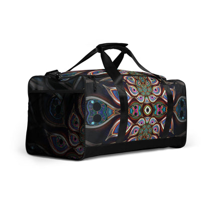 White duffle bag printed with the "The Waiting Room" design, angled front view showing the padded handles.