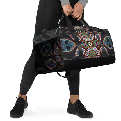 White duffle bag printed with the "The Waiting Room" design, angled front view showing the padded handles.