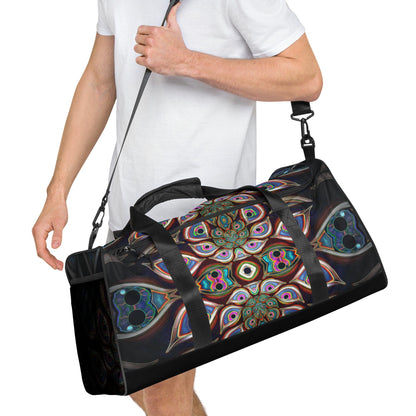 White duffle bag printed with the "The Waiting Room" design, angled front view showing the padded handles.