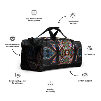 White duffle bag printed with the "The Waiting Room" design, angled front view showing the padded handles.