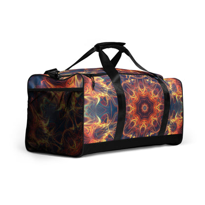 White duffle bag printed with the "Aquatic Rays" design, angled front view showing the padded handles.