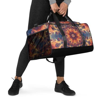 White duffle bag printed with the "Aquatic Rays" design, angled front view showing the padded handles.