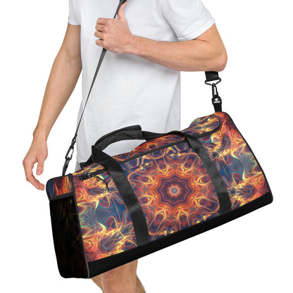 White duffle bag printed with the "Aquatic Rays" design, angled front view showing the padded handles.
