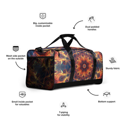 White duffle bag printed with the "Aquatic Rays" design, angled front view showing the padded handles.