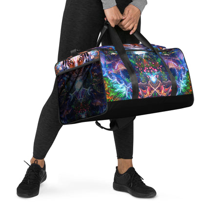 Right-front view of the Hunter's Moon duffle bag showing the mesh side pocket.