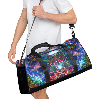 Another right-front angle of the Hunter's Moon duffle bag showing the T-piping seam.