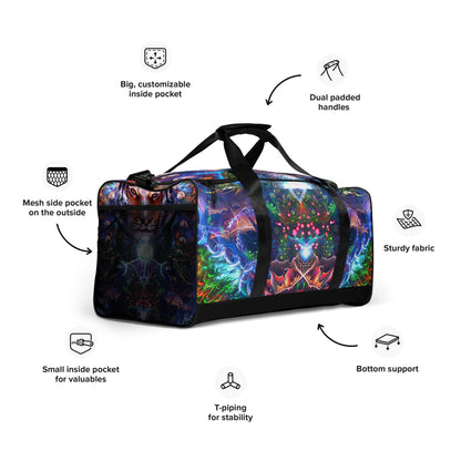 Right-front close angle of the Hunter's Moon duffle bag print.