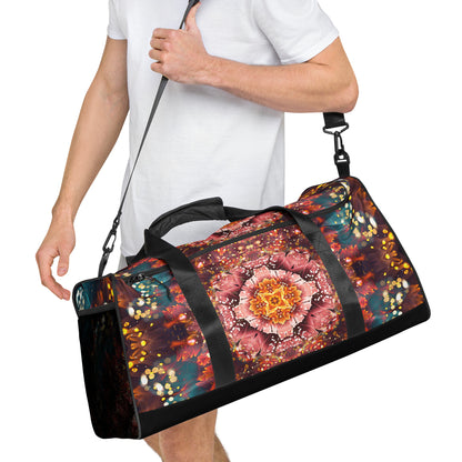 Another right-front angle of the Reaching For Light duffle bag showing the T-piping seam.