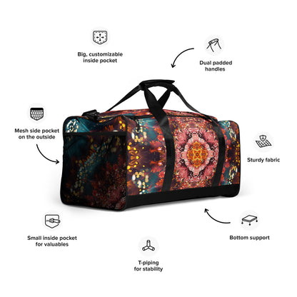 Right-front angle of the Reaching For Light duffle bag showing the padded carry handles.