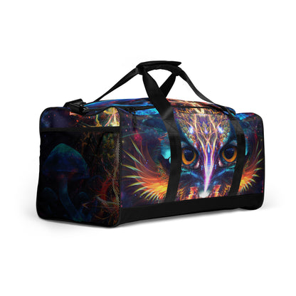 Right-front view of the Peekaboo duffle bag showing the mesh side pocket.