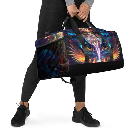 Another right-front angle of the Peekaboo duffle bag showing the T-piping seam.