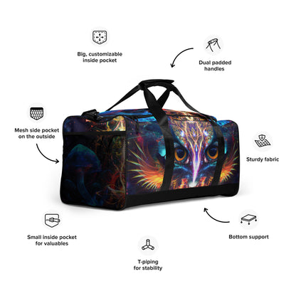 Right-front close angle of the Peekaboo duffle bag print.