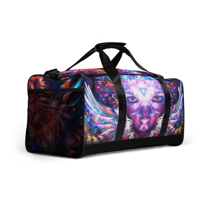 Right-front view of the Lapis Philosophorum duffle bag showing the mesh side pocket.