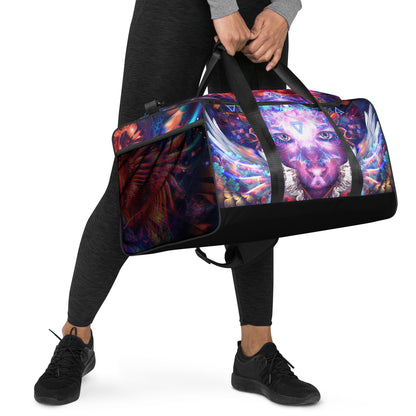 Right-front close angle of the Lapis Philosophorum duffle bag print.